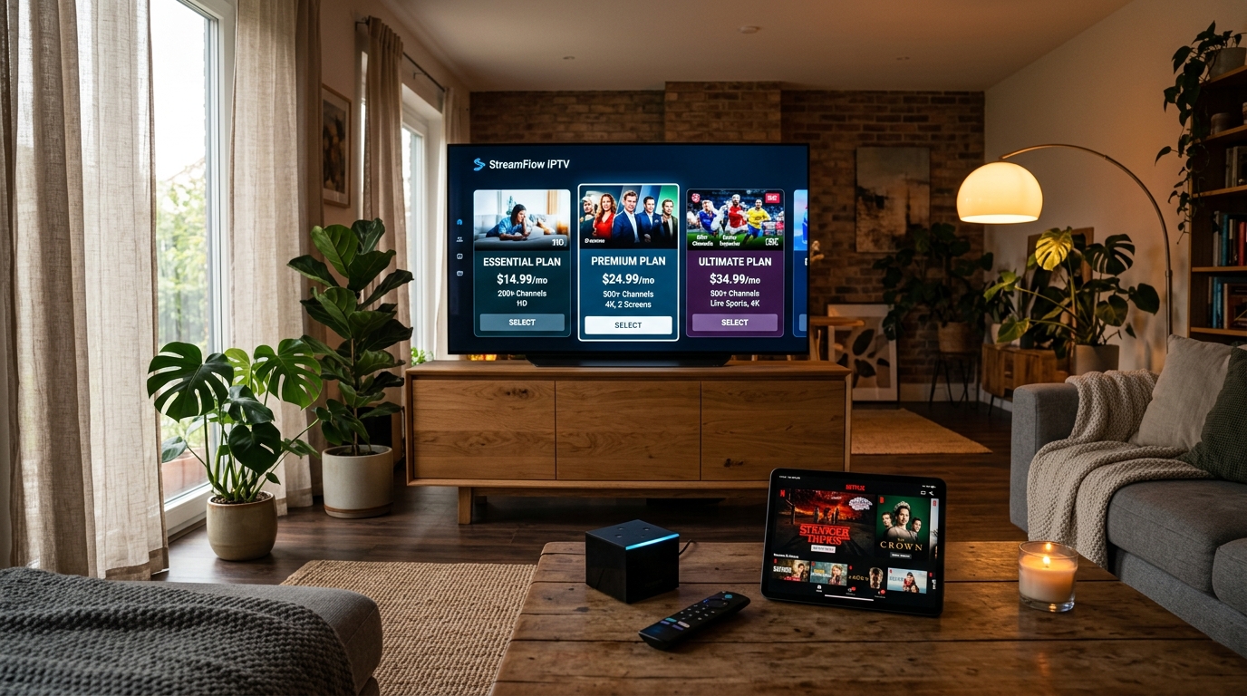 Sala de estar moderna com Smart TV e IPTV PulseStream